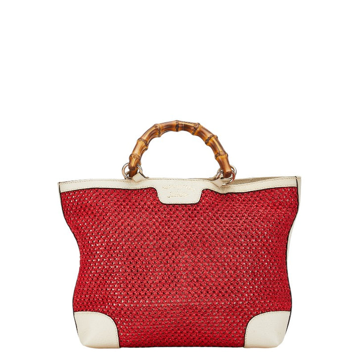 Gucci Mesh Bamboo Handbag 338965 Red Ivory Straw Leather in Very Good Condition