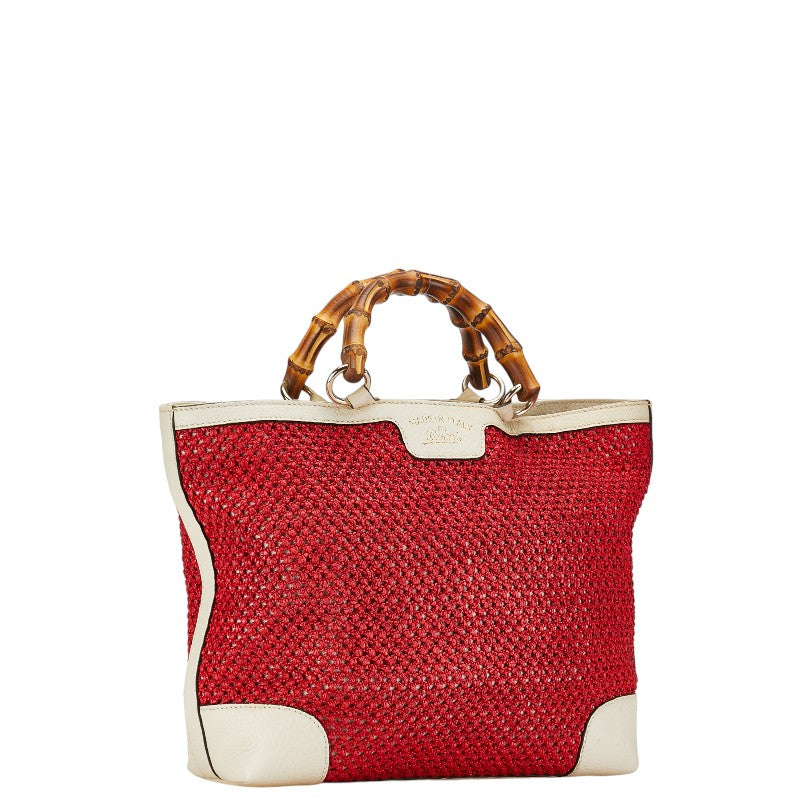 Gucci Mesh Bamboo Handbag 338965 Red Ivory Straw Leather in Very Good Condition