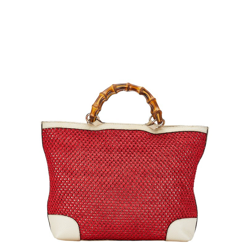 Gucci Mesh Bamboo Handbag 338965 Red Ivory Straw Leather in Very Good Condition