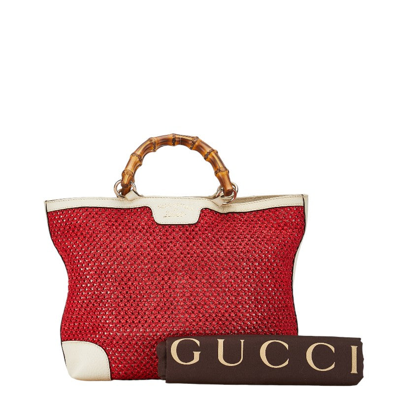 Gucci Mesh Bamboo Handbag 338965 Red Ivory Straw Leather in Very Good Condition