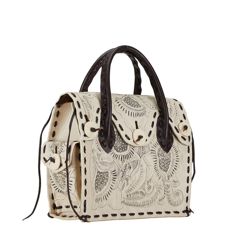 Carving Tribes Maestra S Leather Handbag White Brown