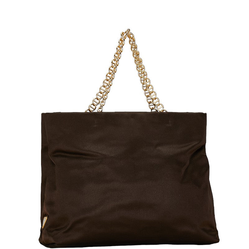 Prada Satin Triangle Logo Plate Chain Shoulder Tote Bag Brown