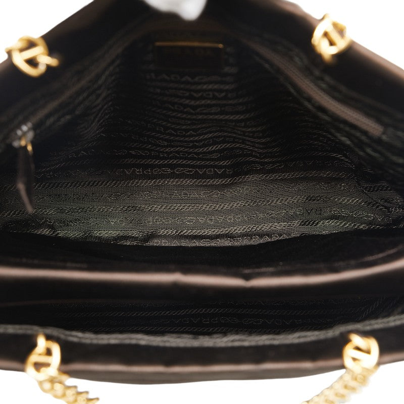 Prada Satin Triangle Logo Plate Chain Shoulder Tote Bag Brown