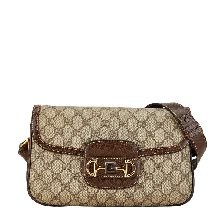 Gucci GG Supreme Horsebit PVC Leather Shoulder Bag Beige Brown