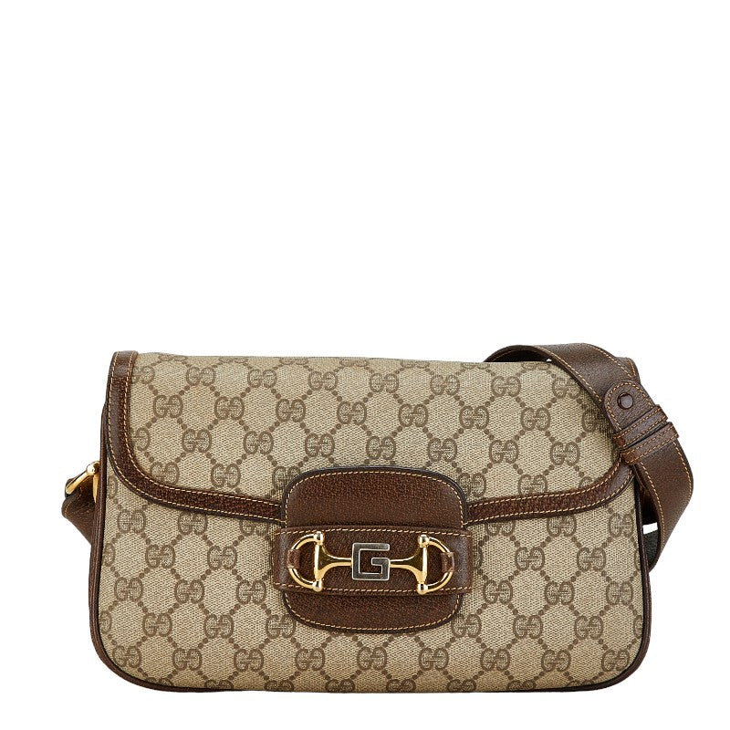 Gucci GG Supreme Horsebit PVC Leather Shoulder Bag Beige Brown in Very Good Condition