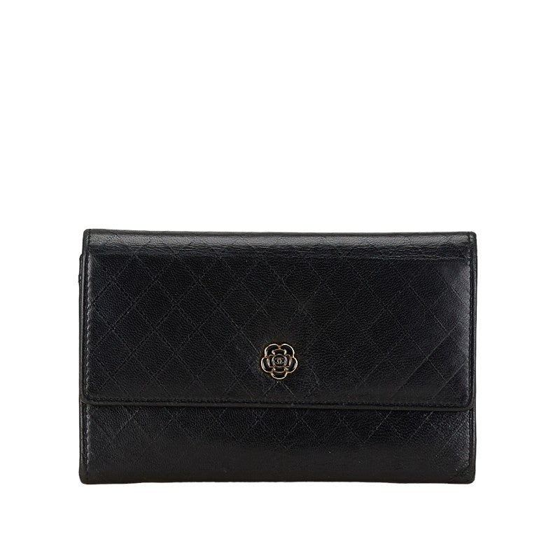 Chanel Camellia Matelasse GINZA Medium Compact Wallet Black Leather in Very Good Condition