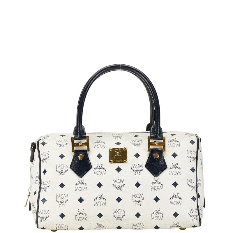 MCM Visetos Logo PVC Leather Handbag Tote White Navy