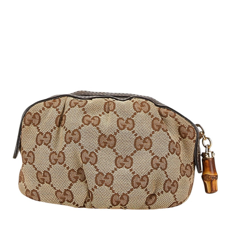 Gucci GG Canvas Bamboo Pouch 246174 Beige Brown Leather in Very Good Condition