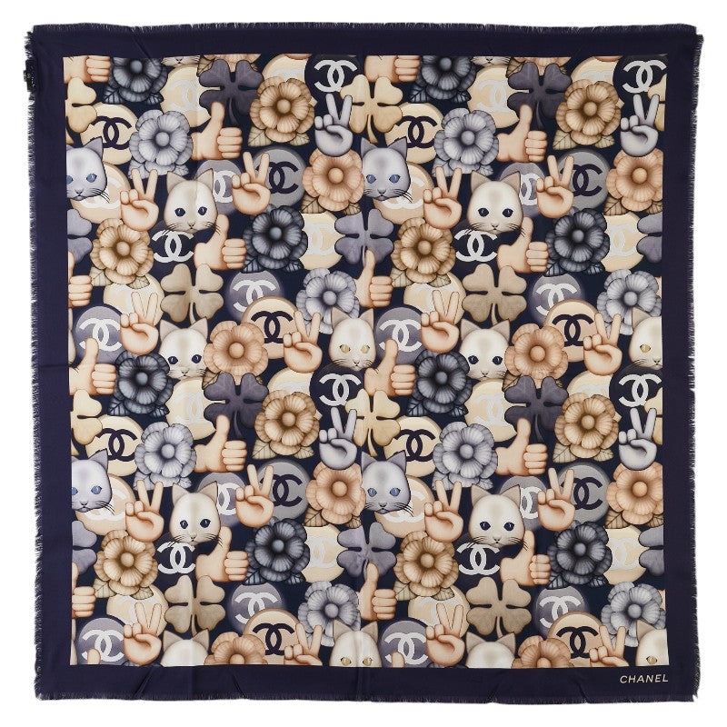 Chanel Silk Scarf Coco Mark Choupette Cat Camellia Motif in Very Good Condition