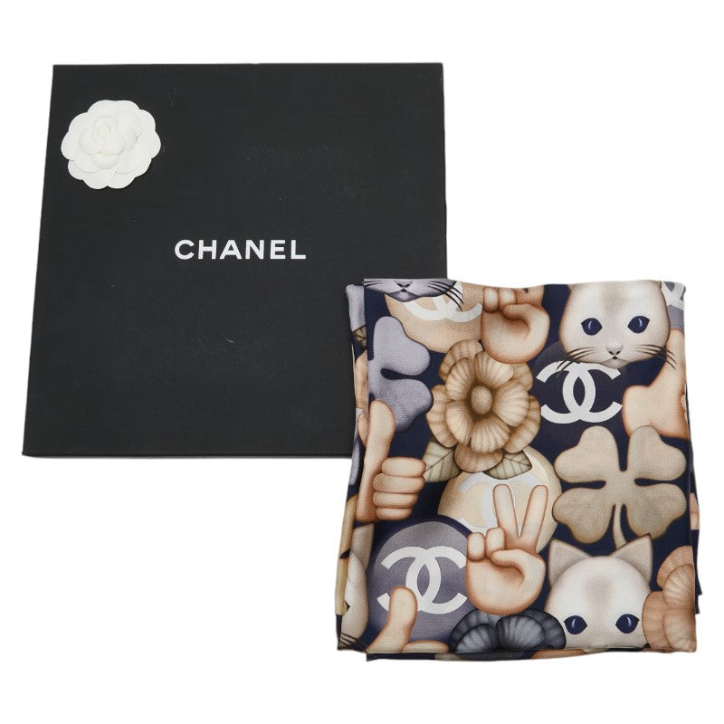 Chanel Silk Scarf Coco Mark Choupette Cat Camellia Motif in Very Good Condition