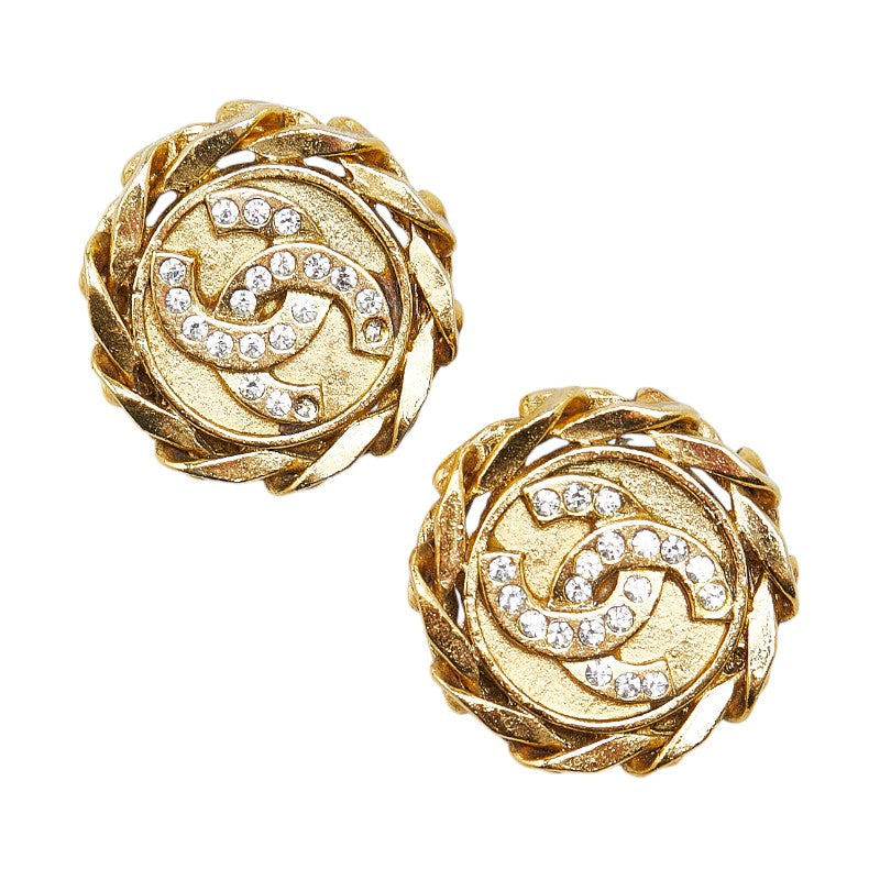 Chanel Coco Mark Round Rhinestone Clip-On Earrings Gold Plated in Very Good Condition