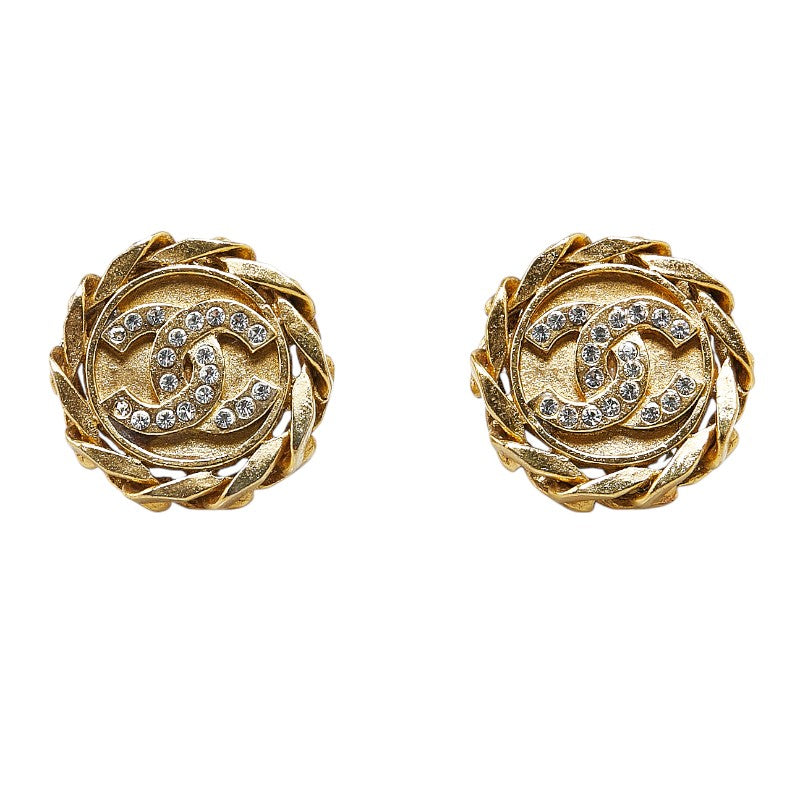 Chanel Coco Mark Round Rhinestone Clip-On Earrings Gold Plated in Very Good Condition