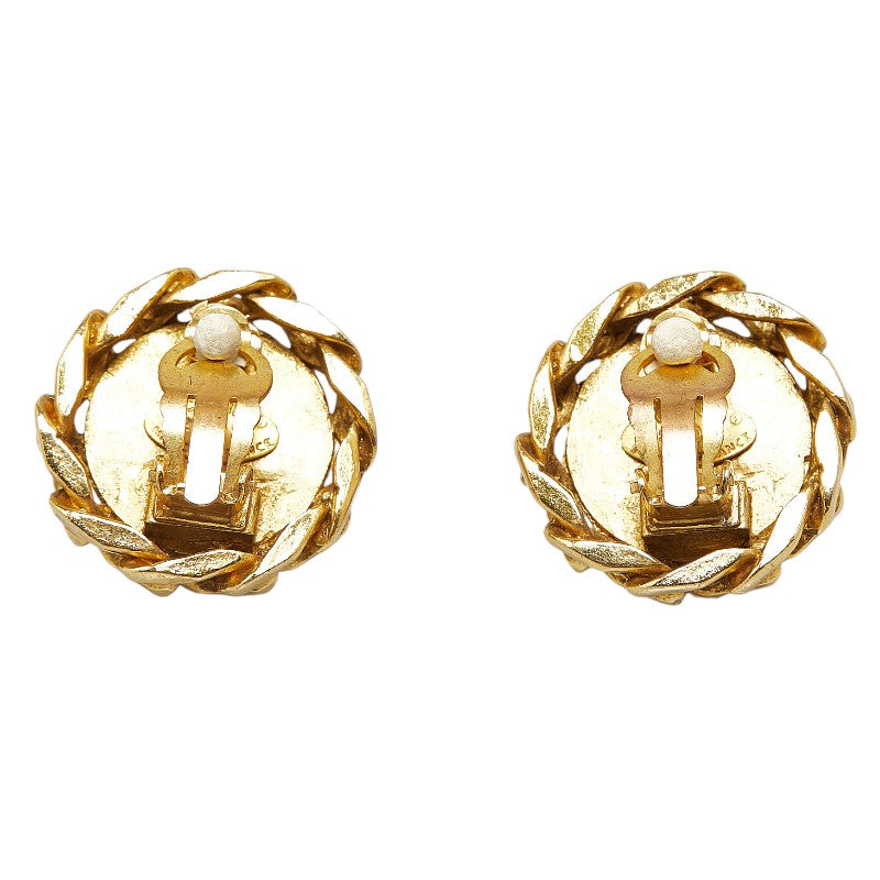 Chanel Coco Mark Round Rhinestone Clip-On Earrings Gold Plated in Very Good Condition