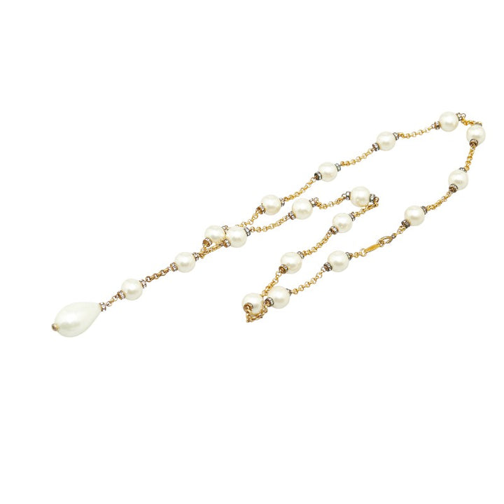 Chanel Gold Plated Rhinestone Chain Necklace with Faux Pearls