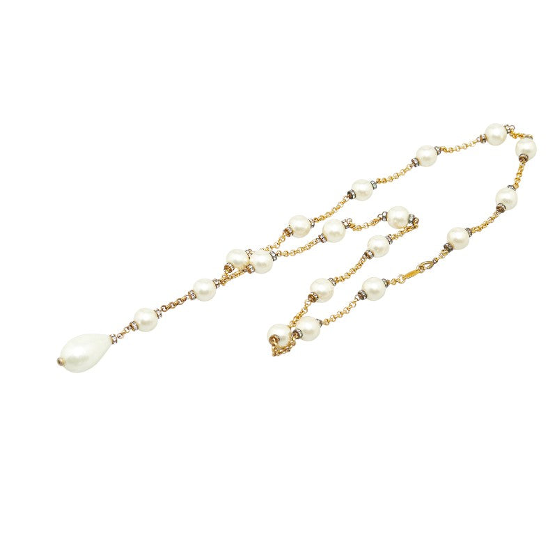 Chanel Gold Plated Rhinestone Chain Necklace with Faux Pearls in Very Good Condition