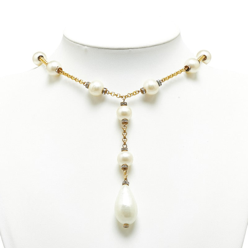 Chanel Gold Plated Rhinestone Chain Necklace with Faux Pearls in Very Good Condition