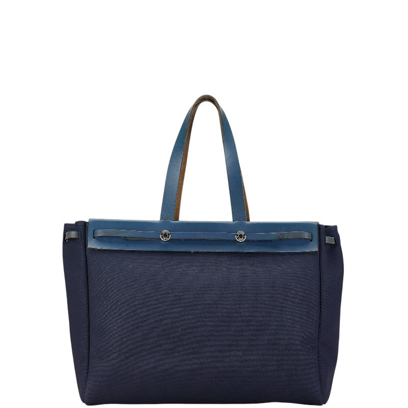 Hermes Navy Canvas Leather Tote Bag