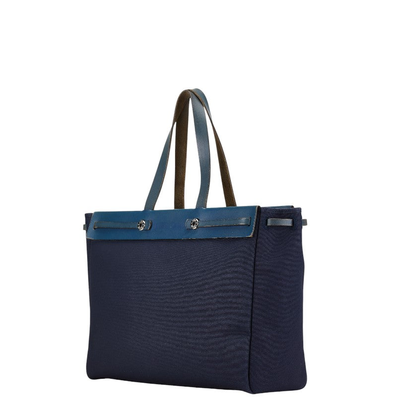 Hermes Navy Canvas Leather Tote Bag