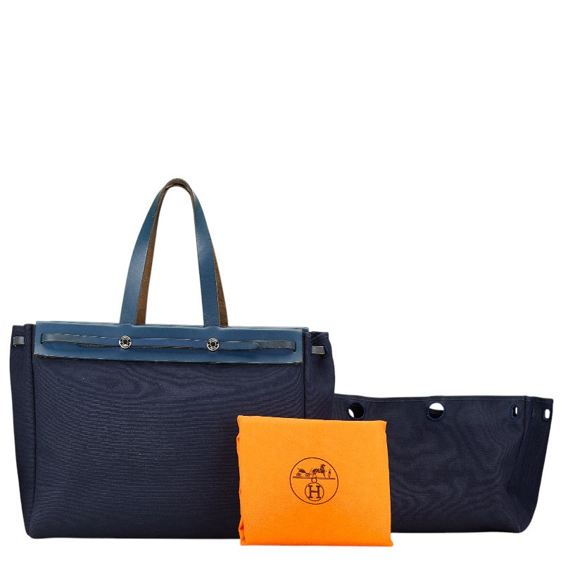 Hermes Navy Canvas Leather Tote Bag