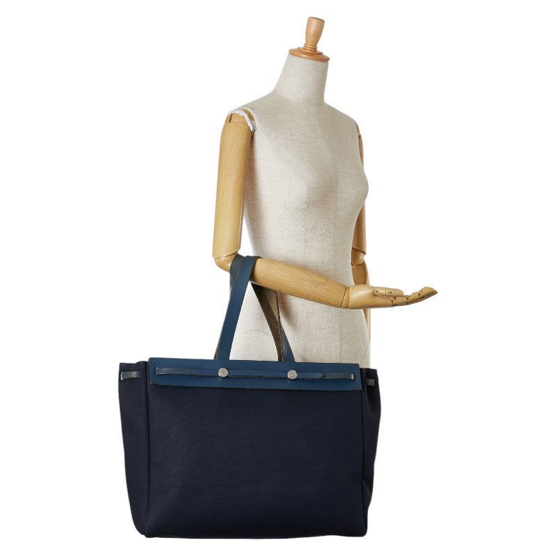 Hermes Navy Canvas Leather Tote Bag