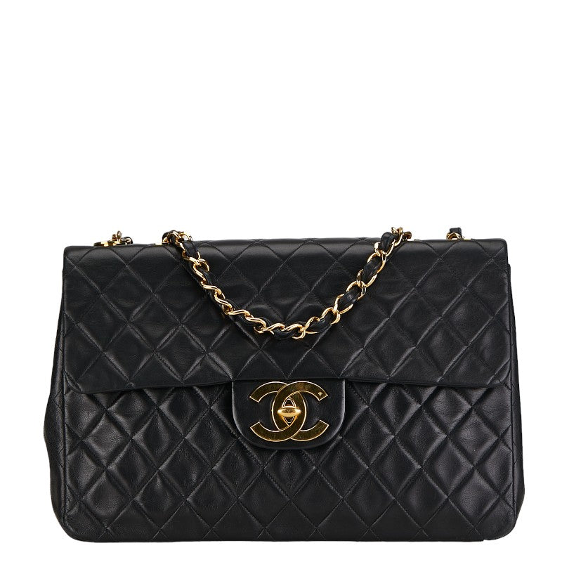 Chanel Matelasse Double Flap Chain Shoulder Bag Black Gold Lambskin in Very Good Condition