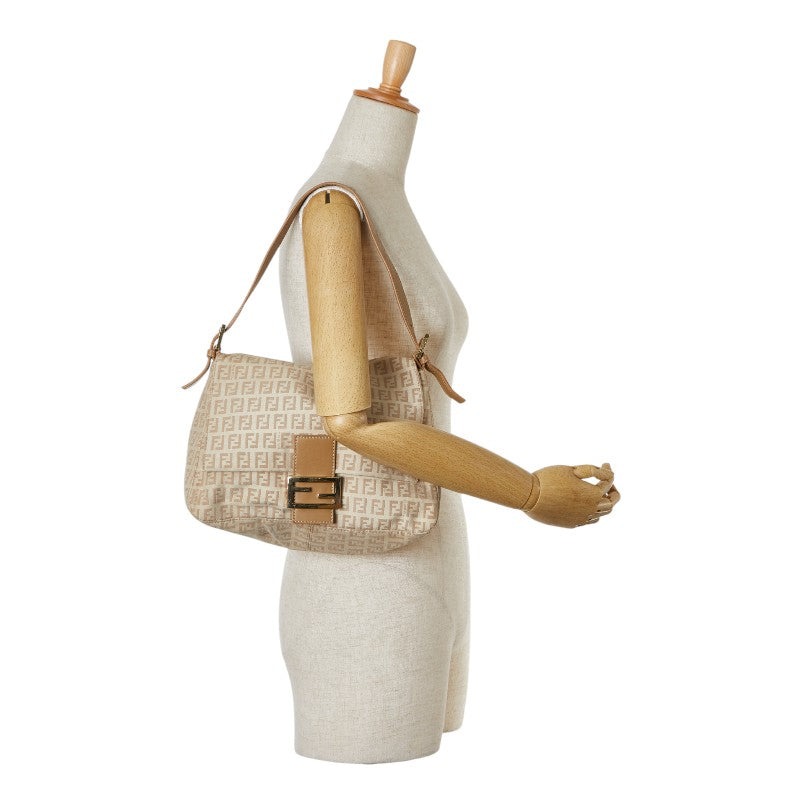 Fendi Zucchino Mamma Baguette Canvas Leather Shoulder Bag