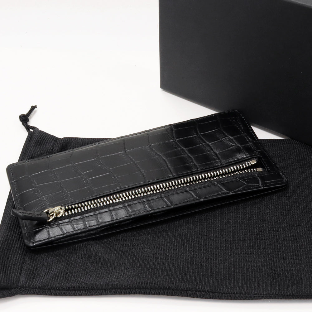 Crocodile Fragment Case Zipper Long Wallet Black in Pristine Condition