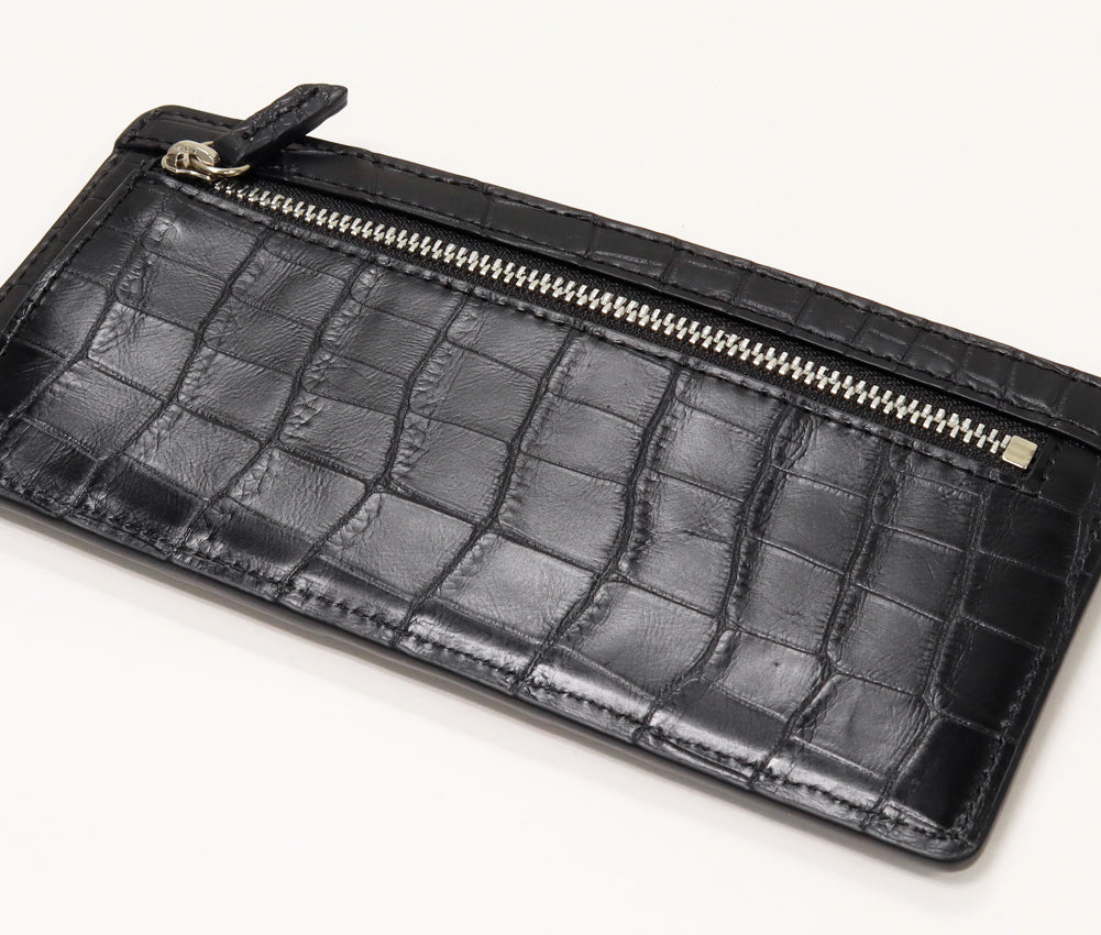 Crocodile Fragment Case Zipper Long Wallet Black in Pristine Condition