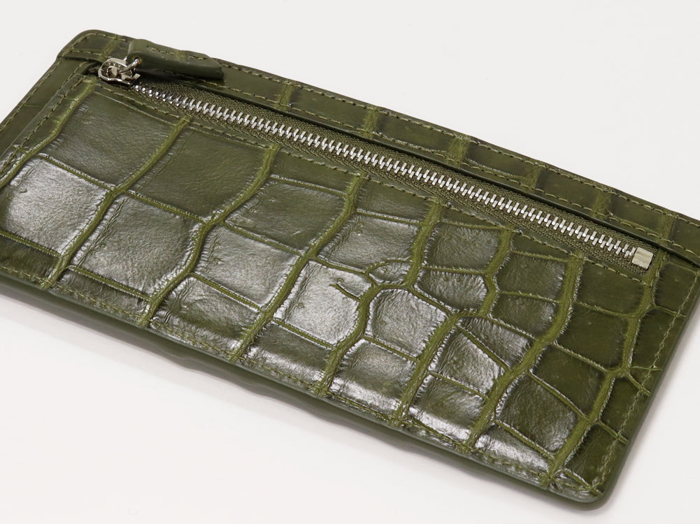 Crocodile Fragment Case Zipper Long Wallet Khaki Green