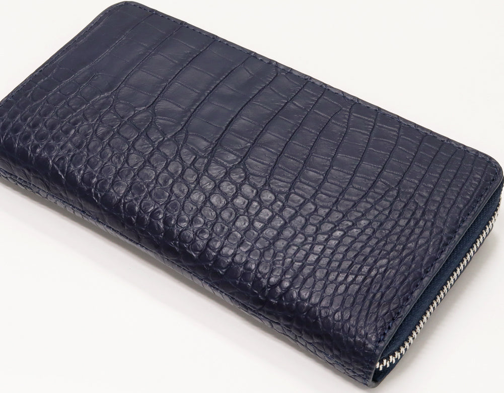 Crocodile Round Zipper Long Wallet Navy