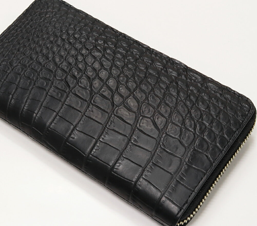 Crocodile Round Zipper Long Wallet Black