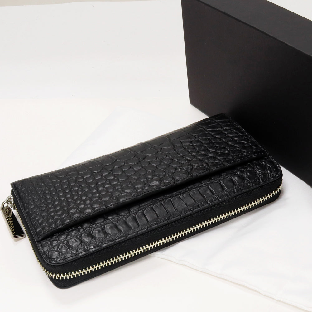 Crocodile Round Zipper Long Wallet Black