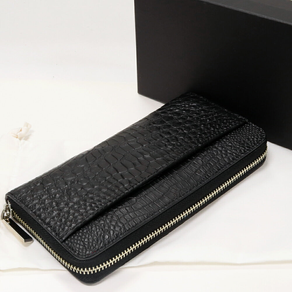 Crocodile Round Zipper Long Wallet Black