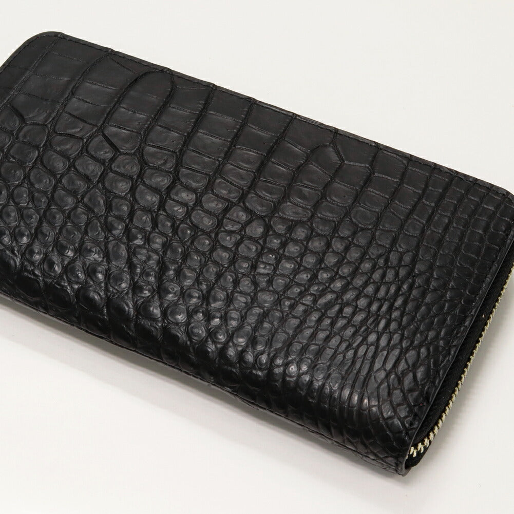 Crocodile Round Zipper Long Wallet Black