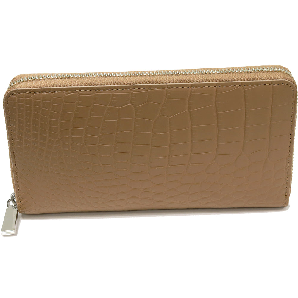 Crocodile Round Zipper Long Wallet Beige Brown