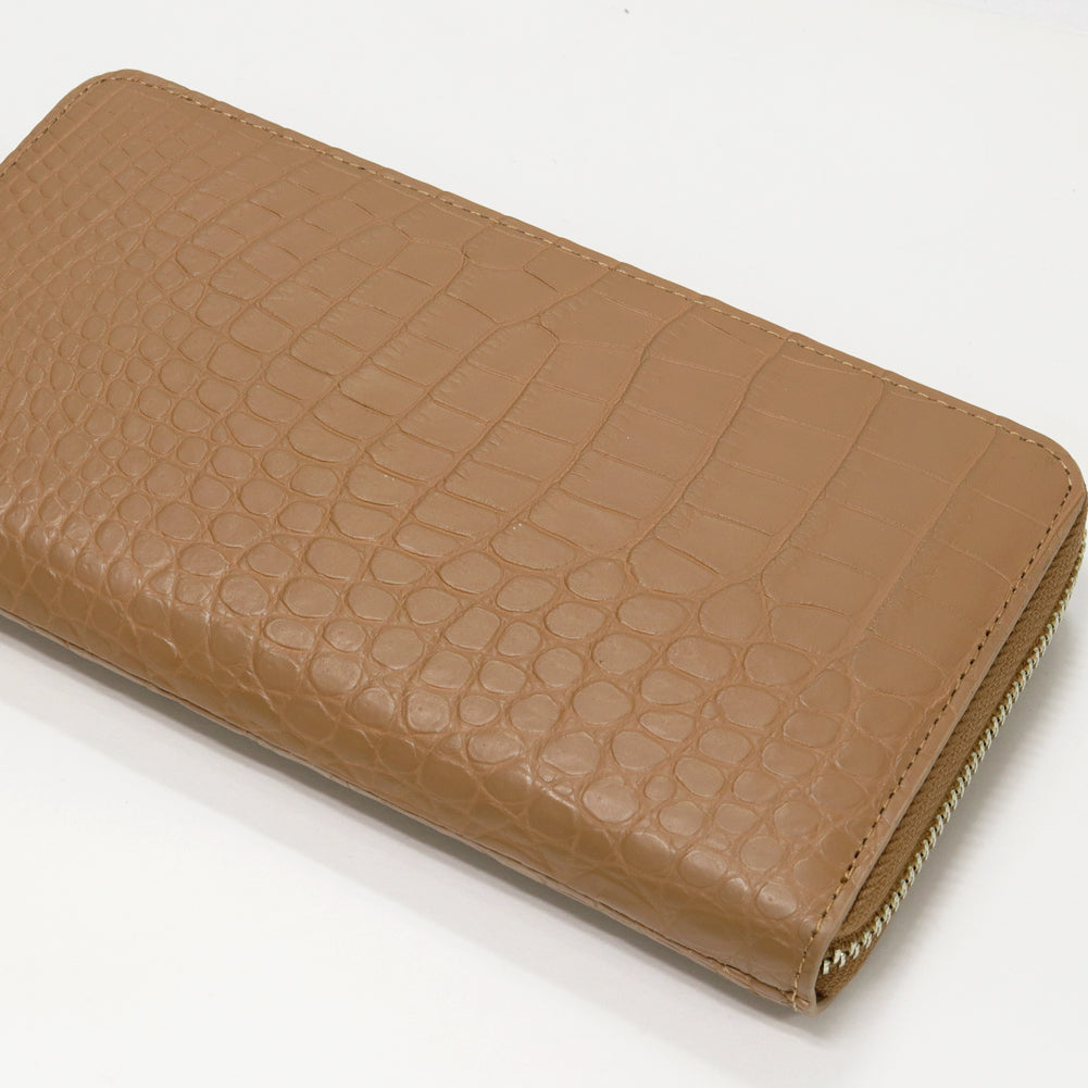 Crocodile Round Zipper Long Wallet Beige Brown