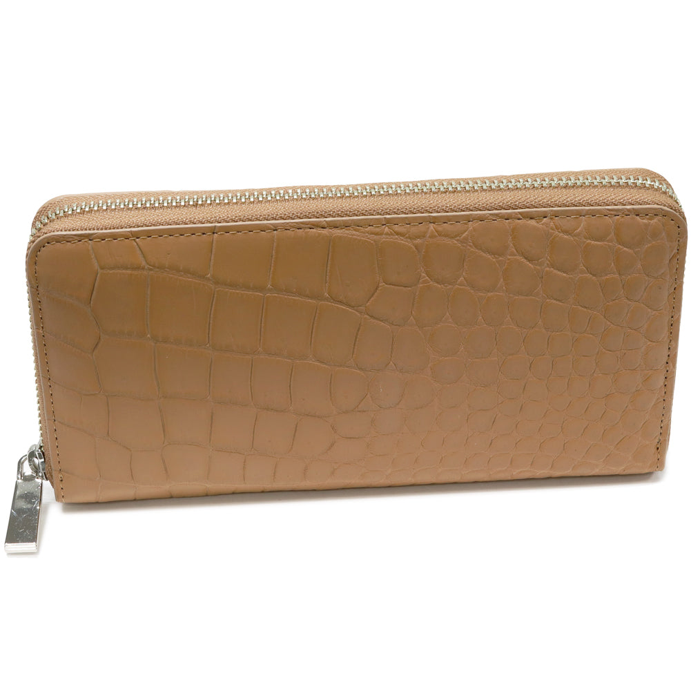 Crocodile Round Zipper Long Wallet Beige Brown in Pristine Condition