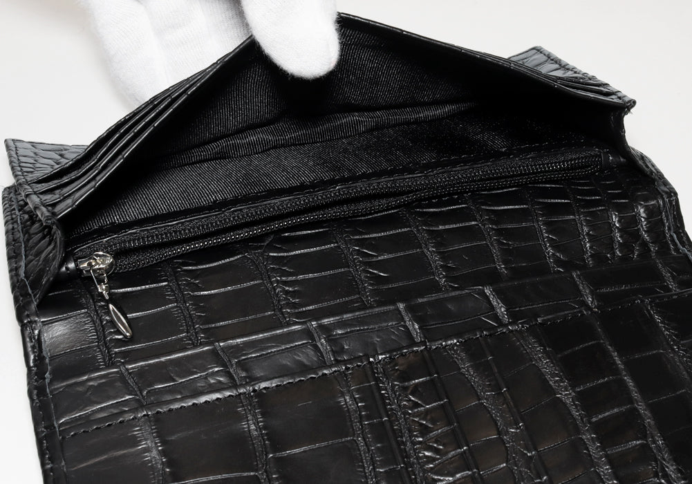 Crocodile Zipper Long Wallet Black