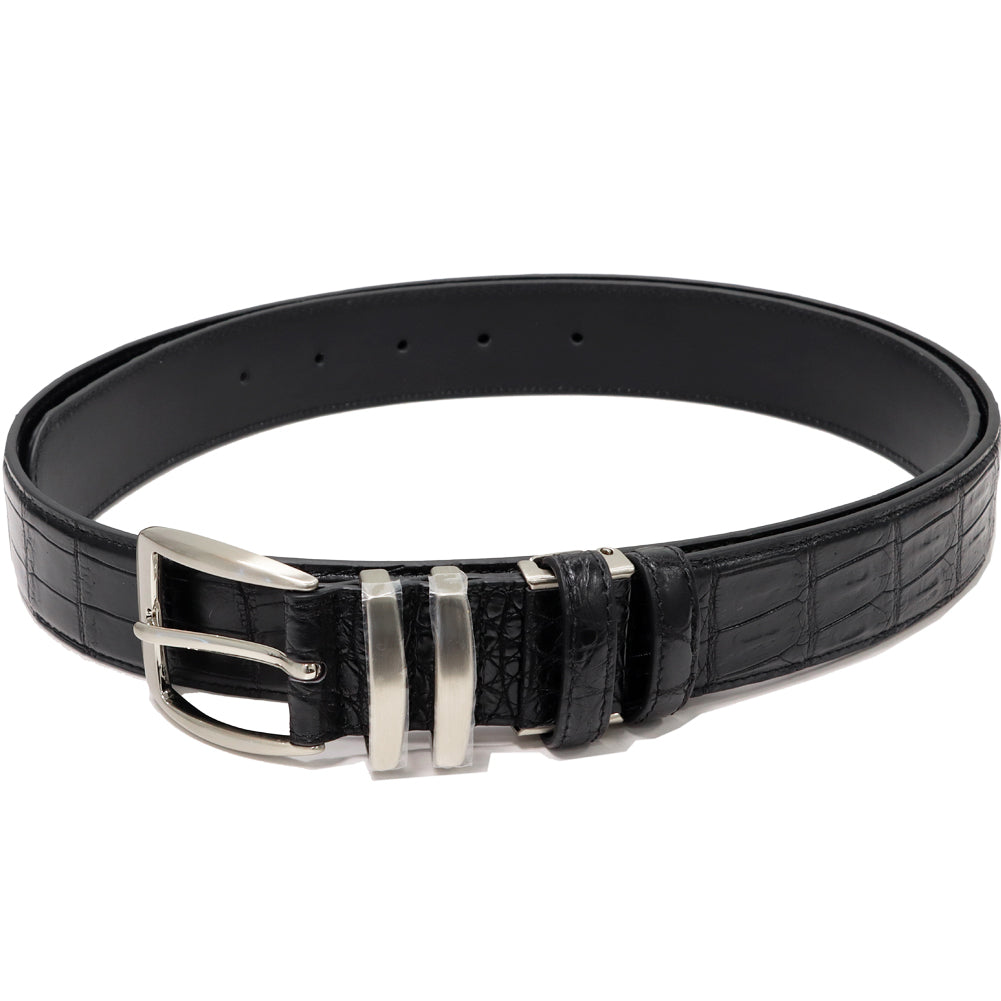 Crocodile Leather Belt Black Stainless Buckle in Pristine Condition