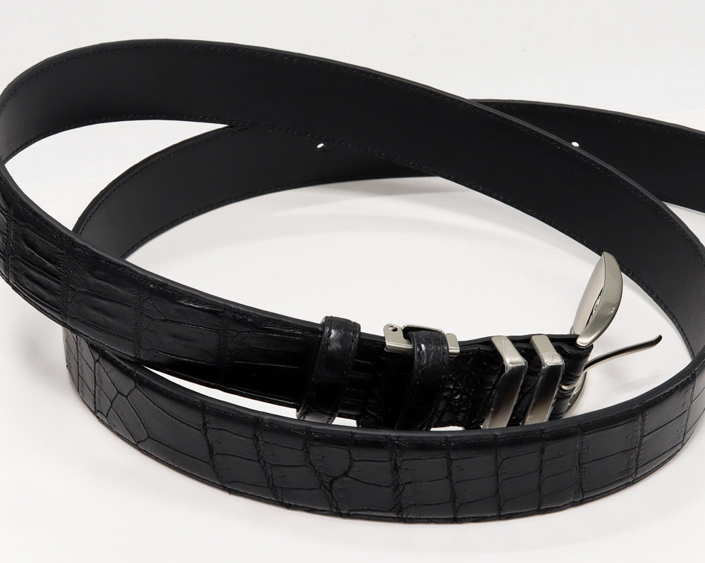 Crocodile Leather Belt Black Stainless Buckle in Pristine Condition