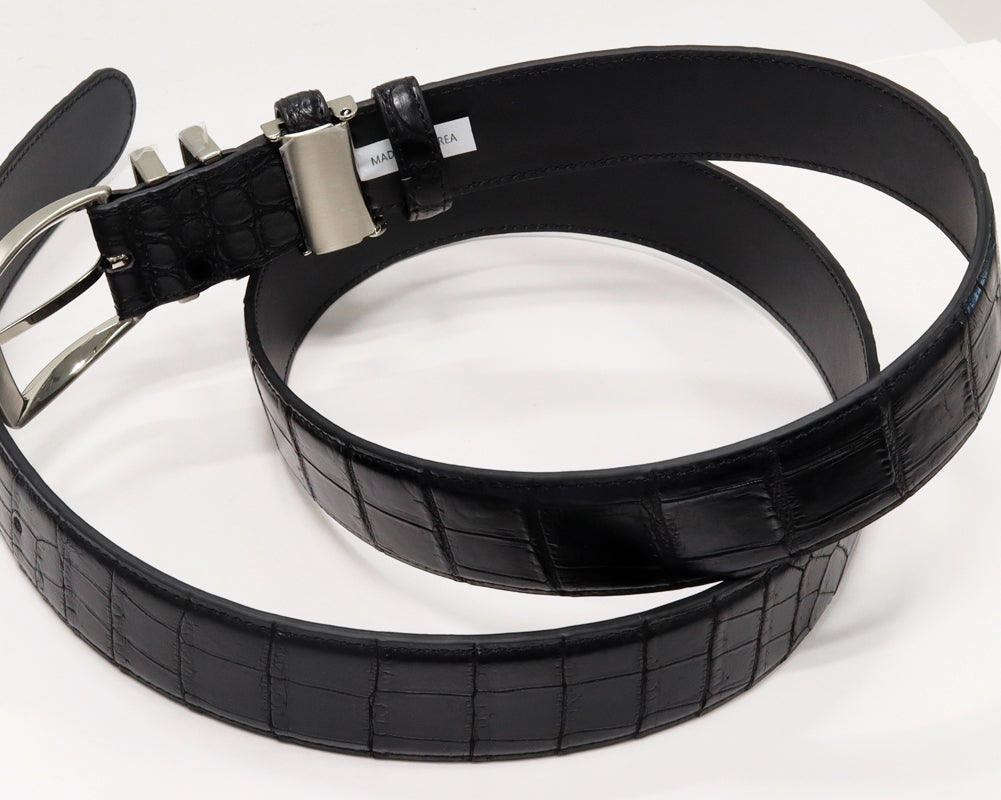 Crocodile Leather Belt Black Stainless Buckle in Pristine Condition