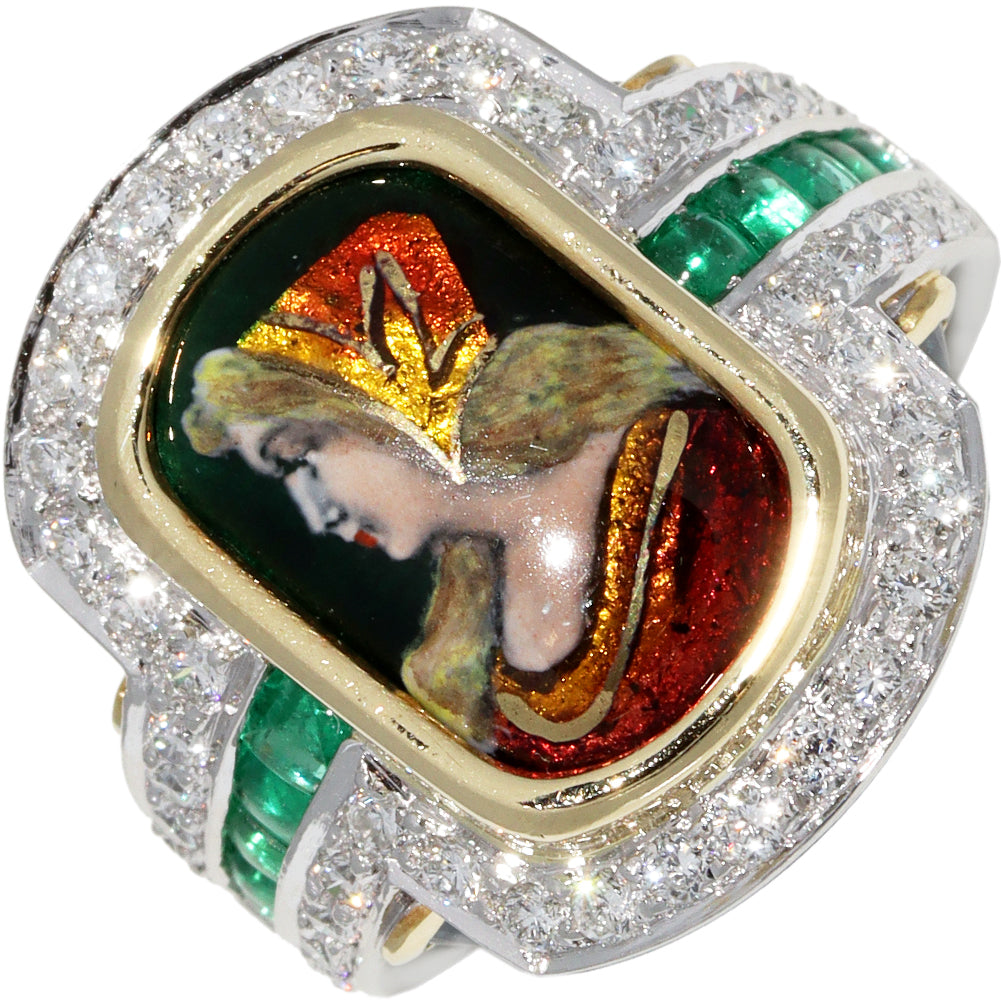 K18YG Pt900 Emerald Ring with Blue Diamond and Enamel in Great Condition