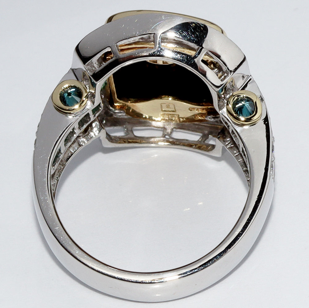 K18YG Pt900 Emerald Ring with Blue Diamond and Enamel in Great Condition