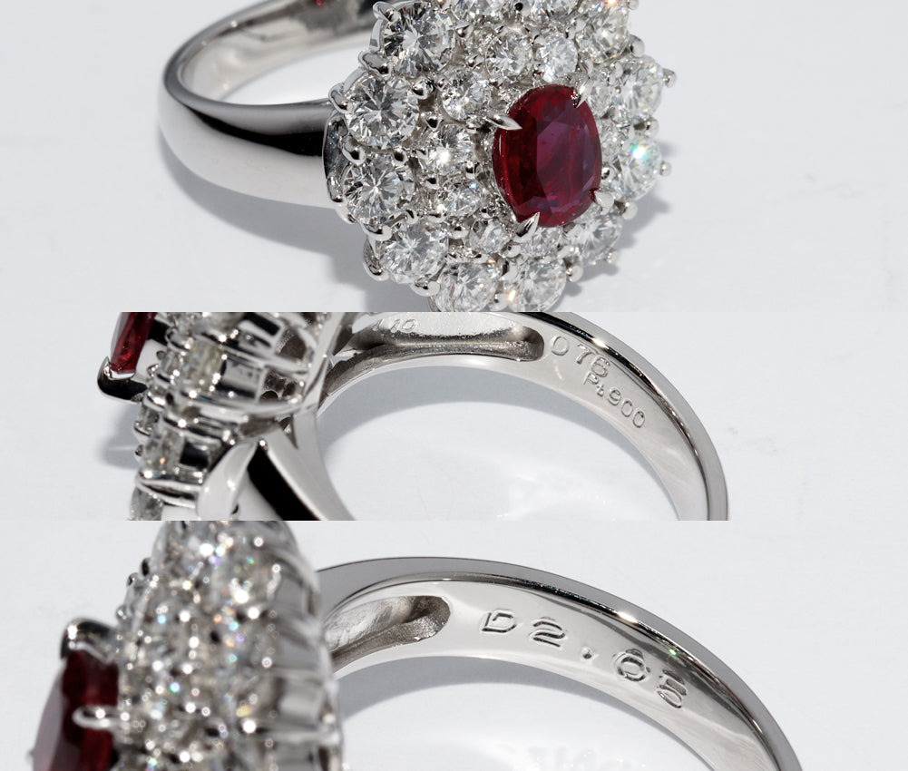 Pt900 Ruby 0.76ct Diamond 2.05ct Ring Size 12 in Great Condition