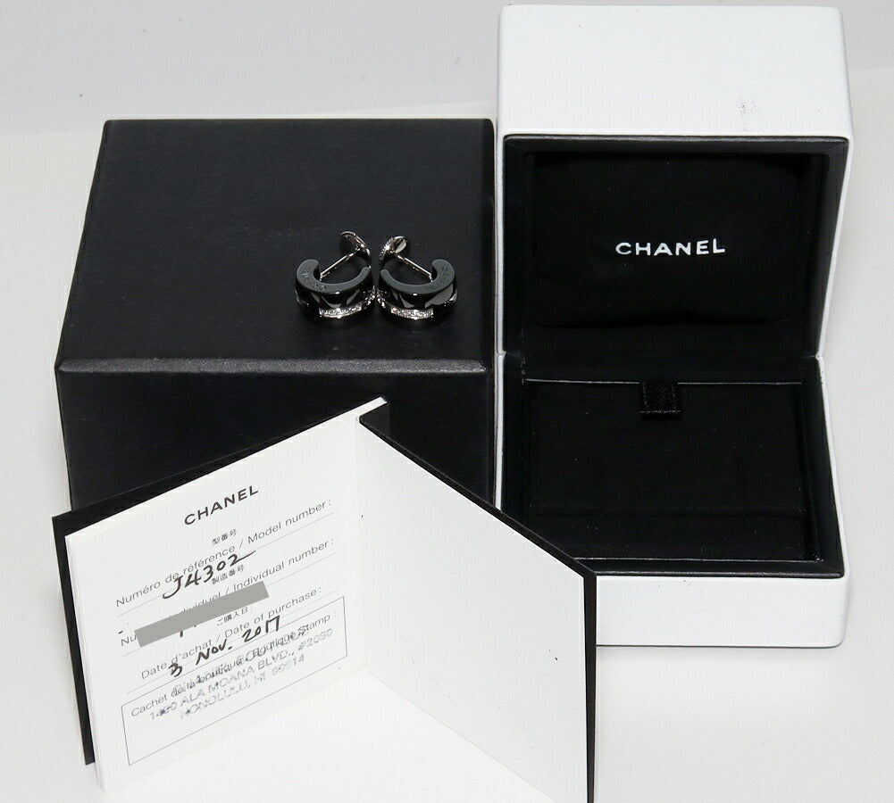 Chanel K18WG Black Ceramic Diamond Hoop Earrings