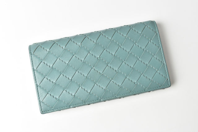 Bottega Veneta Leather Long Wallet Flap Intrecciato Light Blue in Excellent Condition