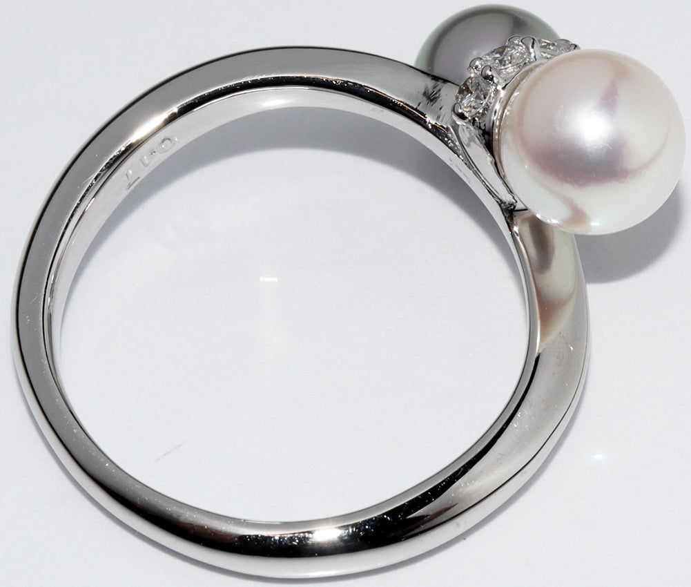 Pt900 Platinum Semi-Black Pearl Diamond Ring 0.17ct in Great Condition