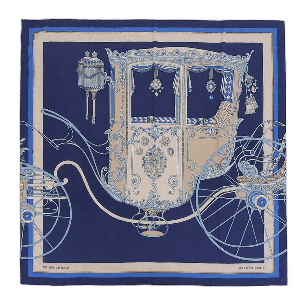 Hermes Scarf Navy Blue Beige Silk Blend