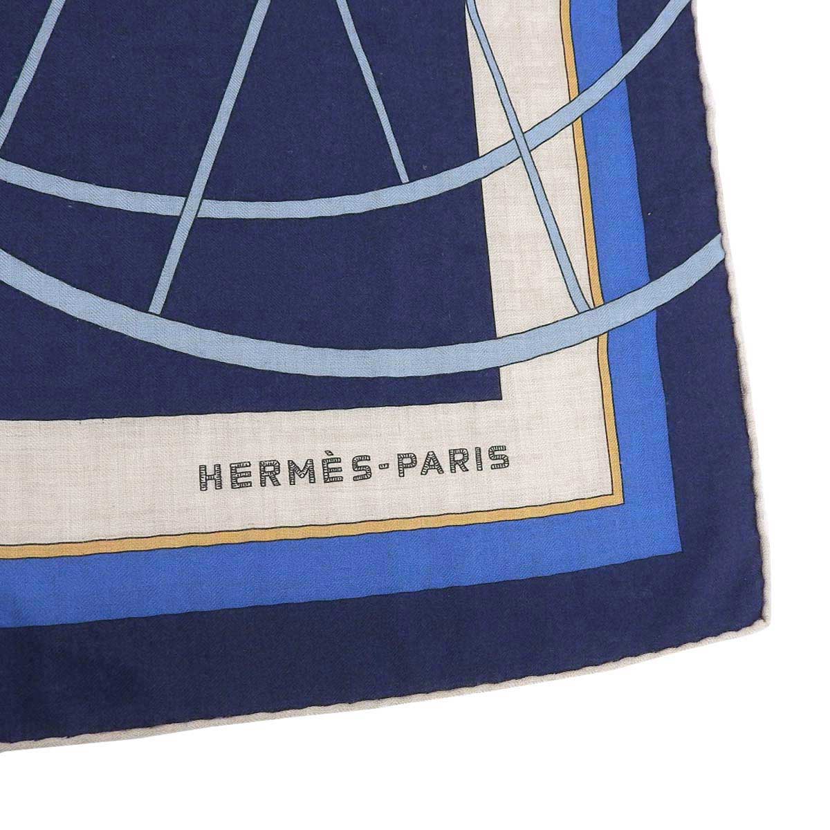 Hermes Scarf Navy Blue Beige Silk Blend