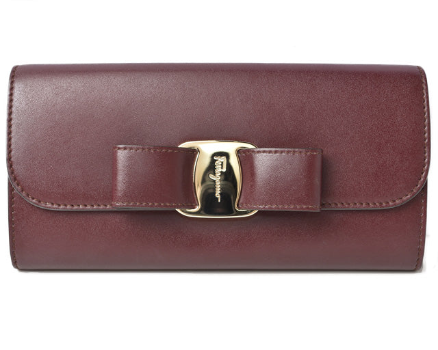 Salvatore Ferragamo Leather Long Wallet Vara Ribbon Burgundy